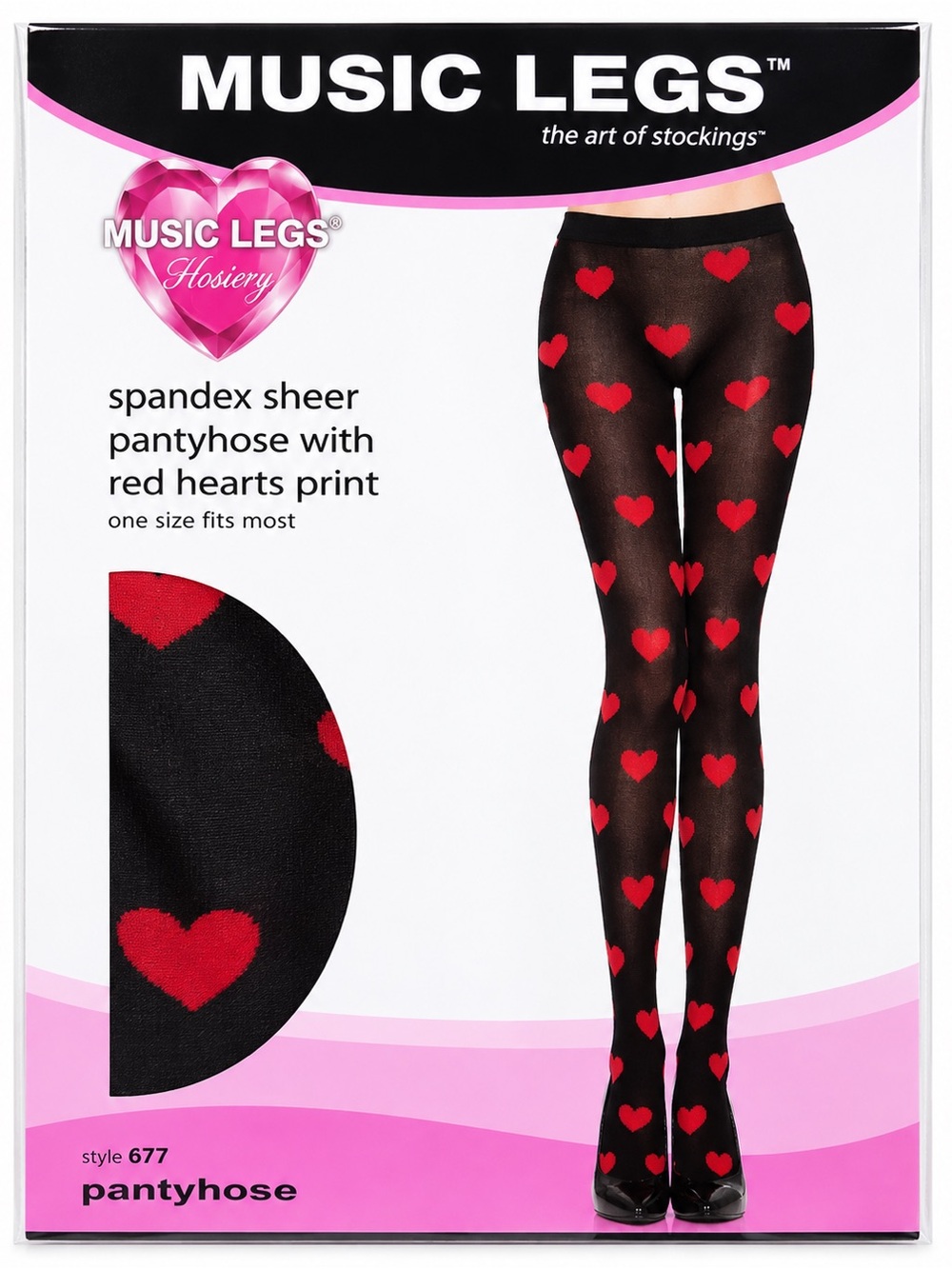 MUSIC LEGS SPANDEX SHEER PANTYHOSE WITH RED HEARTS PRINT O/S - BRAND NEW